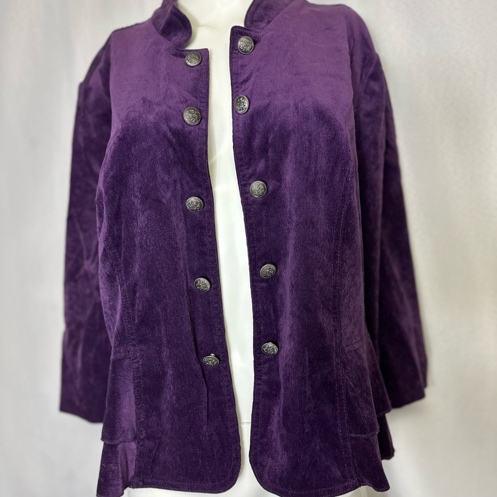 Roz & Ali Size XL Corduroy Open Jacket Purple Long Sleeve Metal Buttons